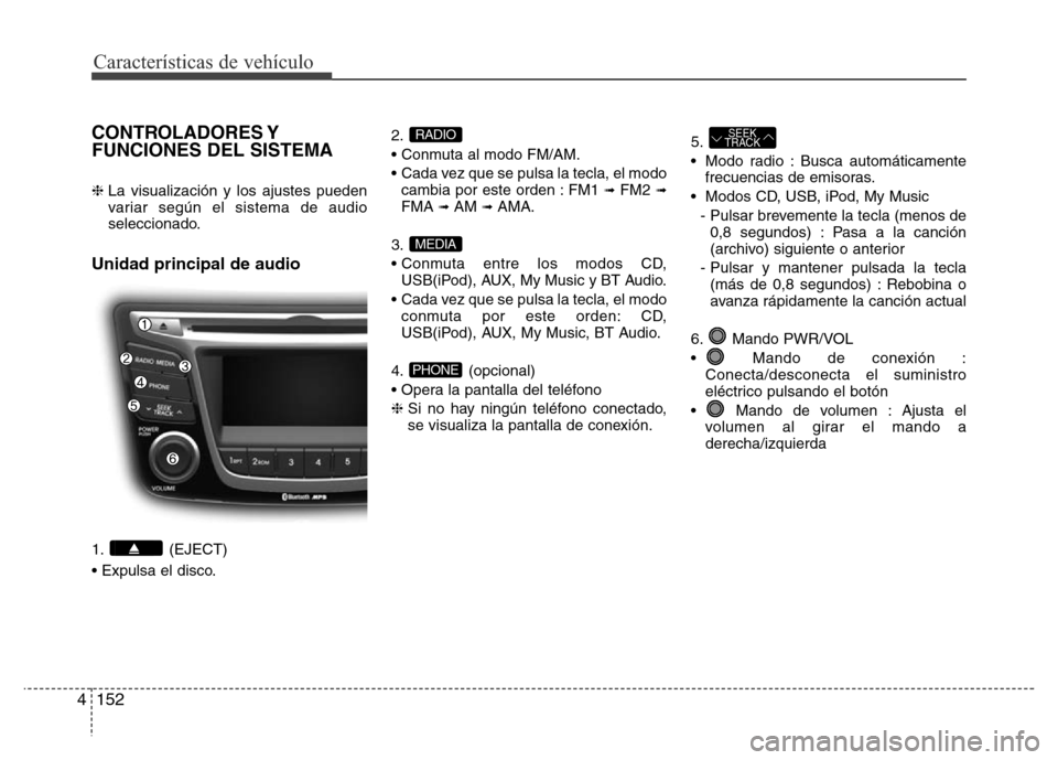 Hyundai Accent 2015 Manual del propietario (i25) (in Spanish) Características de vehículo
152 4
CONTROLADORES Y
FUNCIONES DEL SISTEMA
❈ La visualización y los ajustes pueden
variar según el sistema de audio
seleccionado.
Unidad principal de audio
1. (EJEC Hyundai Accent 2015 Manual del propietario (i25) (in Spanish) Características de vehículo
152 4
CONTROLADORES Y
FUNCIONES DEL SISTEMA
❈ La visualización y los ajustes pueden
variar según el sistema de audio
seleccionado.
Unidad principal de audio
1. (EJEC
