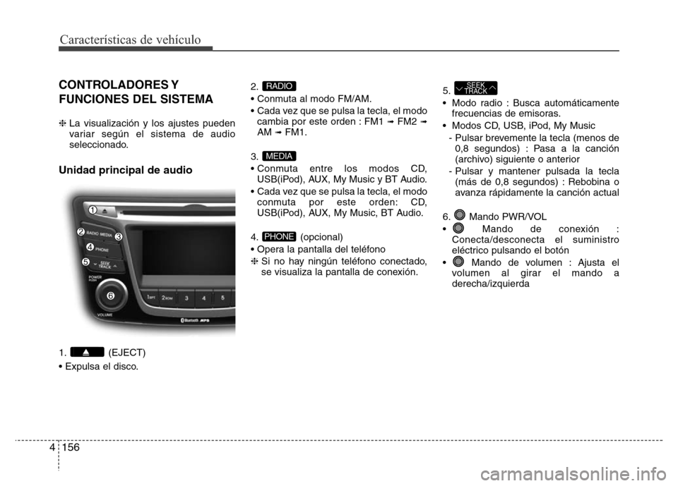 Hyundai Accent 2015 Manual del propietario (i25) (in Spanish) Características de vehículo
156 4
CONTROLADORES Y
FUNCIONES DEL SISTEMA
❈ La visualización y los ajustes pueden
variar según el sistema de audio
seleccionado.
Unidad principal de audio
1. (EJEC Hyundai Accent 2015 Manual del propietario (i25) (in Spanish) Características de vehículo
156 4
CONTROLADORES Y
FUNCIONES DEL SISTEMA
❈ La visualización y los ajustes pueden
variar según el sistema de audio
seleccionado.
Unidad principal de audio
1. (EJEC