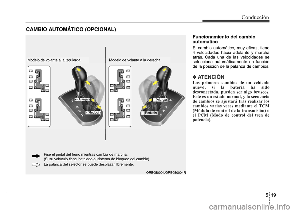 Hyundai Accent 2015  Manual del propietario (i25) (in Spanish) 519
Conducción
Funcionamiento del cambio
automático
El cambio automático, muy eficaz, tiene
4 velocidades hacia adelante y marcha
atrás. Cada una de las velocidades se
selecciona automáticamente 