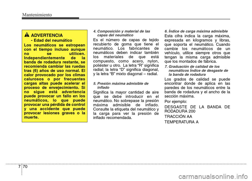 Hyundai Accent 2015 Manual del propietario (i25) (in Spanish) Mantenimiento
70 7
4. Composición y material de las
capas del neumático
Es el número de capas de tejido
recubierto de goma que tiene el
neumático. Los fabricantes de
neumáticos deben indicar tamb Hyundai Accent 2015 Manual del propietario (i25) (in Spanish) Mantenimiento
70 7
4. Composición y material de las
capas del neumático
Es el número de capas de tejido
recubierto de goma que tiene el
neumático. Los fabricantes de
neumáticos deben indicar tamb