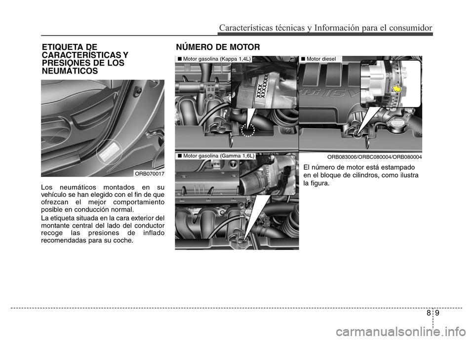 Hyundai Accent 2015  Manual del propietario (i25) (in Spanish) 89
Características técnicas y Información para el consumidor
Los neumáticos montados en su
vehículo se han elegido con el fin de que
ofrezcan el mejor comportamiento
posible en conducción normal