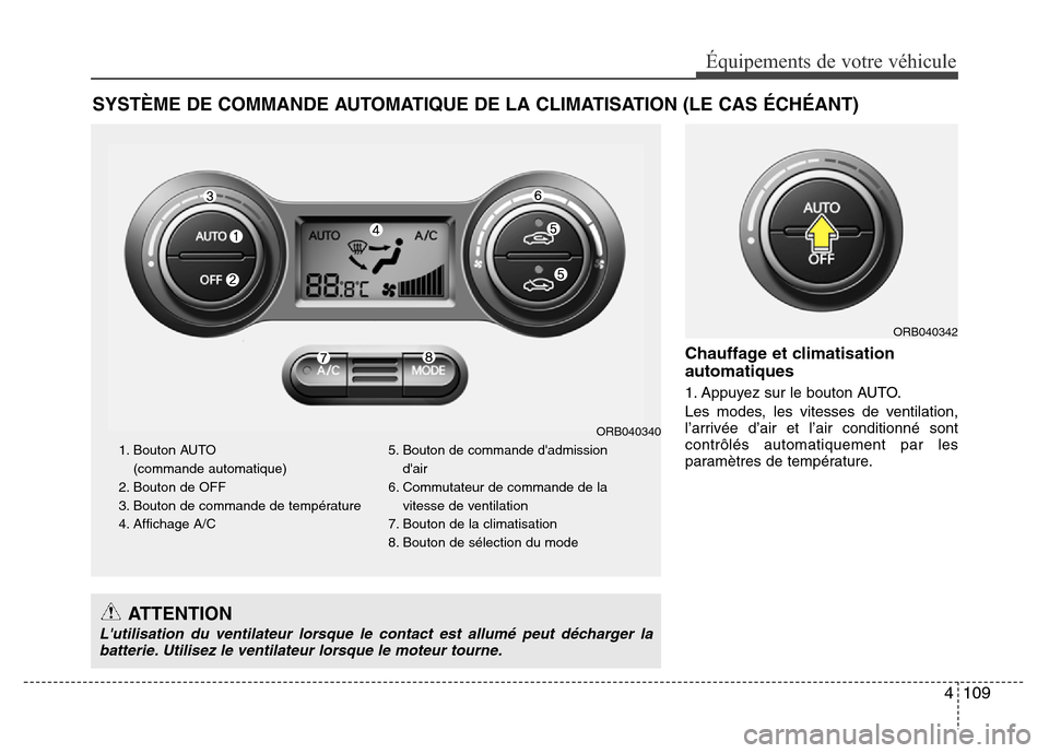 Hyundai Accent 2015  Manuel du propriétaire (in French) 4109
Équipements de votre véhicule
Chauffage et climatisation
automatiques
1. Appuyez sur le bouton AUTO.
Les modes, les vitesses de ventilation,
l’arrivée d’air et l’air conditionné sont
co