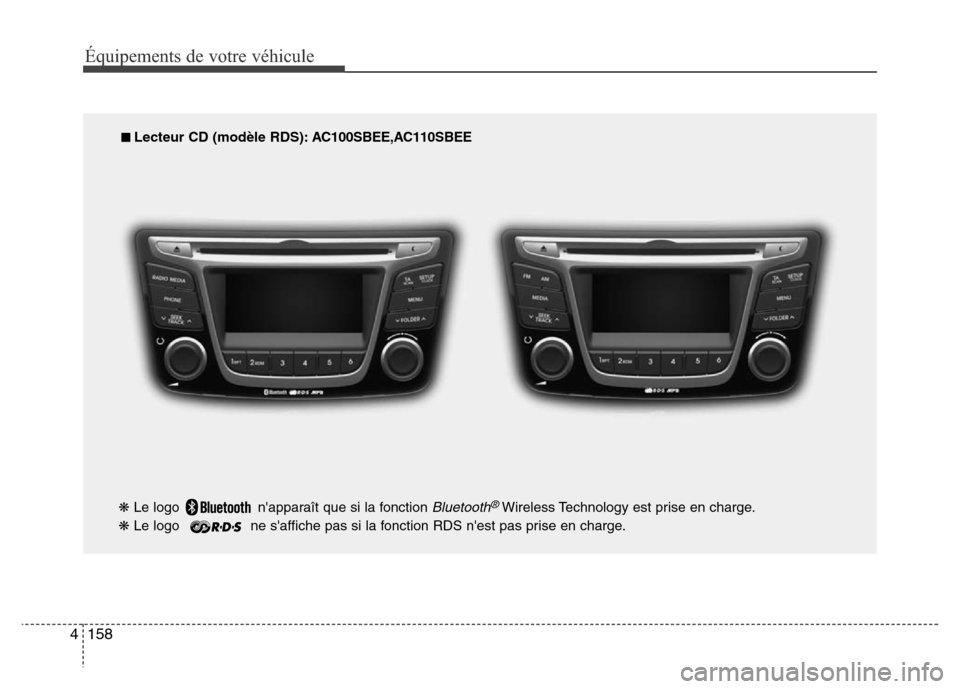 Hyundai Accent 2015  Manuel du propriétaire (in French) 158
4
Équipements de votre véhicule
■ Lecteur CD (modèle RDS): A C100SBEE,AC110SBEE
\b Le logo  napparaît que si la fonction 
Bluetooth®Wireless Technology est prise en charge.
\b Le logo  ne 