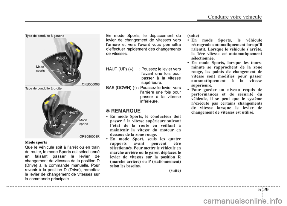 Hyundai Accent 2015 Manuel du propriétaire (in French) 529
Conduire votre véhicule
Mode sports
Que le véhicule soit à l’arrêt ou en train
de rouler, le mode Sports est sélectionné
en faisant passer le levier de
changement de vitesses de la positio Hyundai Accent 2015 Manuel du propriétaire (in French) 529
Conduire votre véhicule
Mode sports
Que le véhicule soit à l’arrêt ou en train
de rouler, le mode Sports est sélectionné
en faisant passer le levier de
changement de vitesses de la positio