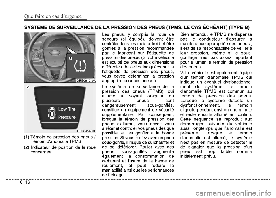Hyundai Accent 2015 Manuel du propriétaire (in French) Que faire en cas d’urgence
16
6
SYSTEME DE SURVEILLANCE DE LA PRESSION DES PNEUS (TPMS, LE CAS ÉCHÉANT) (TYPE B)
(1) Témoin de pression des pneus /
Témoin danomalie TPMS
(2) Indicateur de posit Hyundai Accent 2015 Manuel du propriétaire (in French) Que faire en cas d’urgence
16
6
SYSTEME DE SURVEILLANCE DE LA PRESSION DES PNEUS (TPMS, LE CAS ÉCHÉANT) (TYPE B)
(1) Témoin de pression des pneus /
Témoin danomalie TPMS
(2) Indicateur de posit