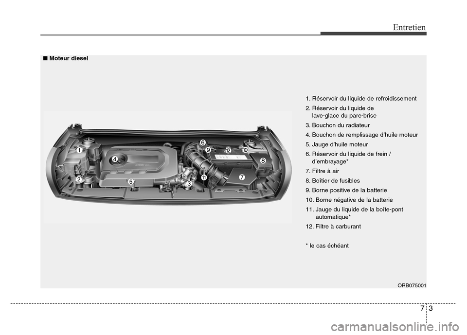 Hyundai Accent 2015  Manuel du propriétaire (in French) 73
Entretien
ORB075001
1. Réservoir du liquide de refroidissement
2. Réservoir du liquide de lave-glace du pare-brise
3. Bouchon du radiateur
4. Bouchon de remplissage d’huile moteur
5. Jauge d’