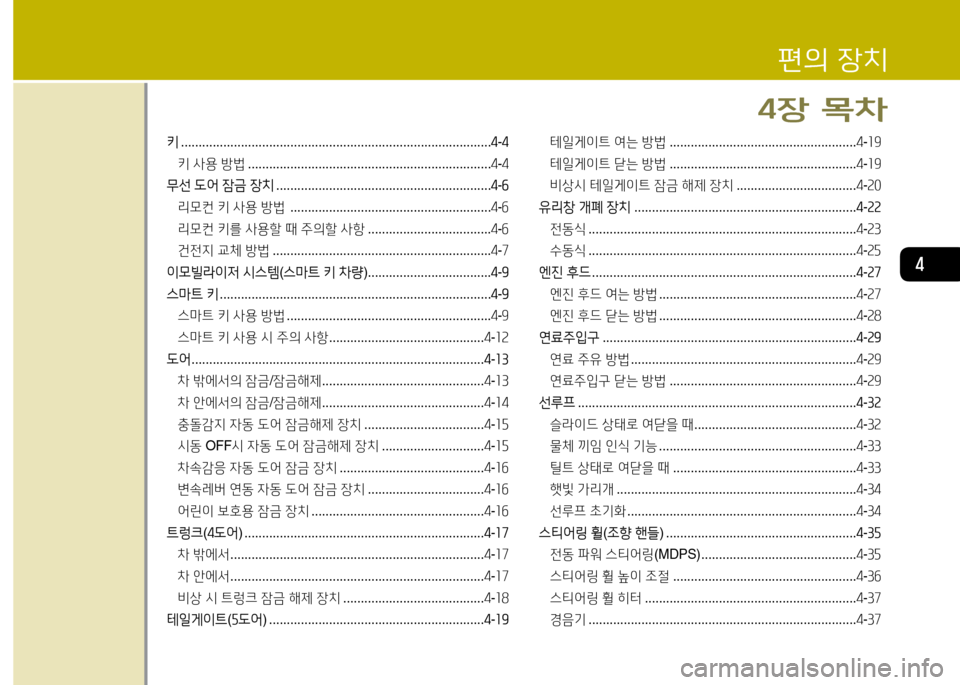 Hyundai Accent 2015  엑센트 RB - 사용 설명서 (in Korean) 4
키 ........................................................................................ 4-4
키  사용  방법  ..................................................................... 4-4
무선