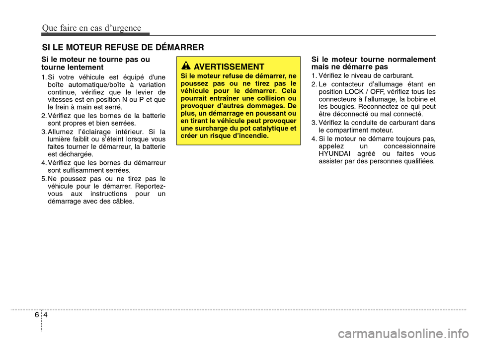 Hyundai Accent 2014 Manuel du propriétaire (in French) Que faire en cas d’urgence
4 6
Si le moteur ne tourne pas ou
tourne lentement
1. Si votre véhicule est équipé dune
boîte automatique/boîte à variation
continue, vérifiez que le levier de
vit Hyundai Accent 2014 Manuel du propriétaire (in French) Que faire en cas d’urgence
4 6
Si le moteur ne tourne pas ou
tourne lentement
1. Si votre véhicule est équipé dune
boîte automatique/boîte à variation
continue, vérifiez que le levier de
vit