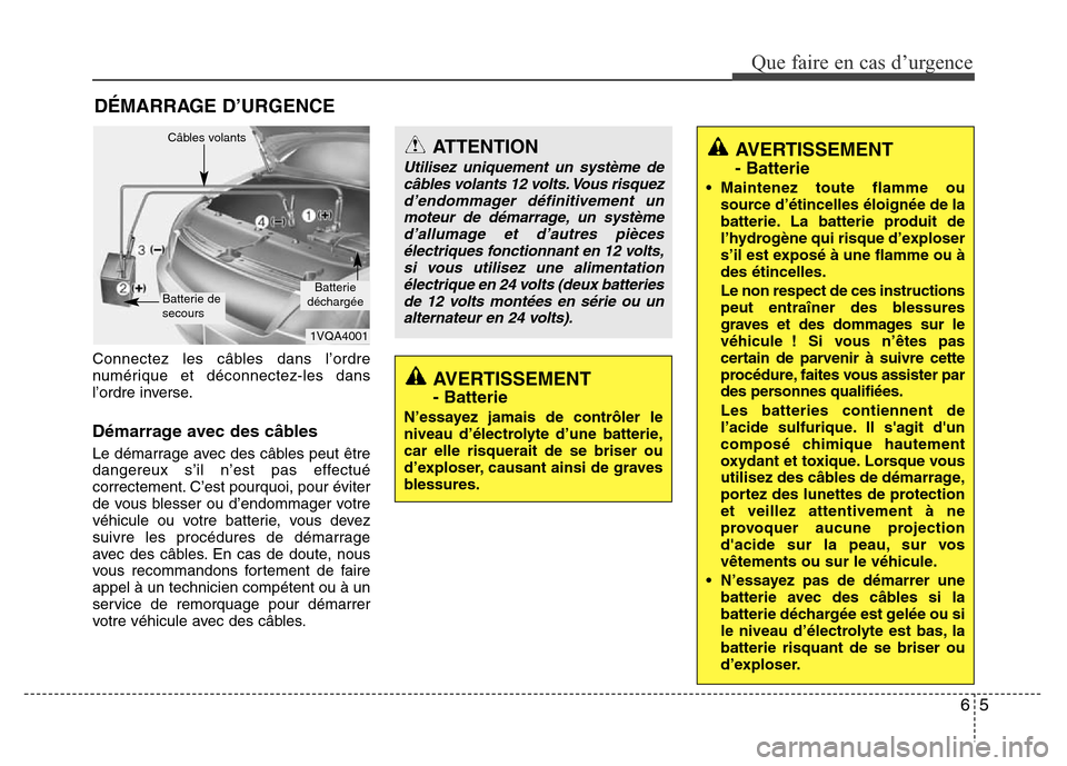 Hyundai Accent 2014 Manuel du propriétaire (in French) 65
Que faire en cas d’urgence
DÉMARRAGE D’URGENCE
Connectez les câbles dans l’ordre
numérique et déconnectez-les dans
l’ordre inverse.
Démarrage avec des câbles
Le démarrage avec des c Hyundai Accent 2014 Manuel du propriétaire (in French) 65
Que faire en cas d’urgence
DÉMARRAGE D’URGENCE
Connectez les câbles dans l’ordre
numérique et déconnectez-les dans
l’ordre inverse.
Démarrage avec des câbles
Le démarrage avec des c