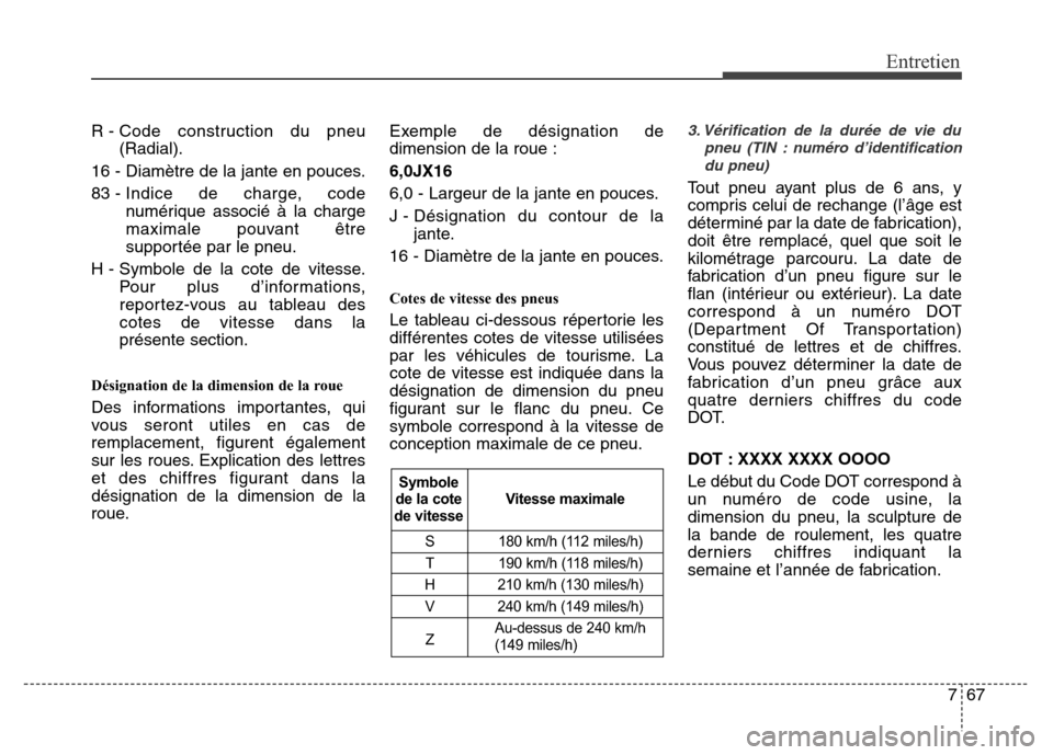 Hyundai Accent 2014 Manuel du propriétaire (in French) 767
Entretien
R - Code construction du pneu
(Radial).
16 - Diamètre de la jante en pouces.
83 - Indice de charge, code
numérique associé à la charge
maximale pouvant être
supportée par le pneu.
Hyundai Accent 2014 Manuel du propriétaire (in French) 767
Entretien
R - Code construction du pneu
(Radial).
16 - Diamètre de la jante en pouces.
83 - Indice de charge, code
numérique associé à la charge
maximale pouvant être
supportée par le pneu.