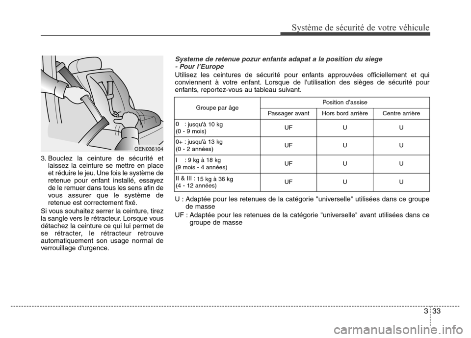 Hyundai Accent 2014 Manuel du propriétaire (in French) 333
Système de sécurité de votre véhicule
3. Bouclez la ceinture de sécurité et
laissez la ceinture se mettre en place
et réduire le jeu. Une fois le système de
retenue pour enfant installé, Hyundai Accent 2014 Manuel du propriétaire (in French) 333
Système de sécurité de votre véhicule
3. Bouclez la ceinture de sécurité et
laissez la ceinture se mettre en place
et réduire le jeu. Une fois le système de
retenue pour enfant installé,
