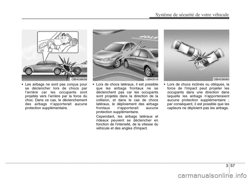 Hyundai Accent 2014  Manuel du propriétaire (in French) 357
Système de sécurité de votre véhicule 
• Les airbags ne sont pas conçus pour
se déclencher lors de chocs par
l’arrière car les occupants sont
projetés vers l’arrière par la force du