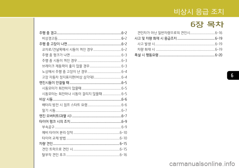 Hyundai Accent 2013  엑센트 RB - 사용 설명서 (in Korean) 6
주행 중 경고 .....................................................................................6-2
비상경고등  ..........................................................................