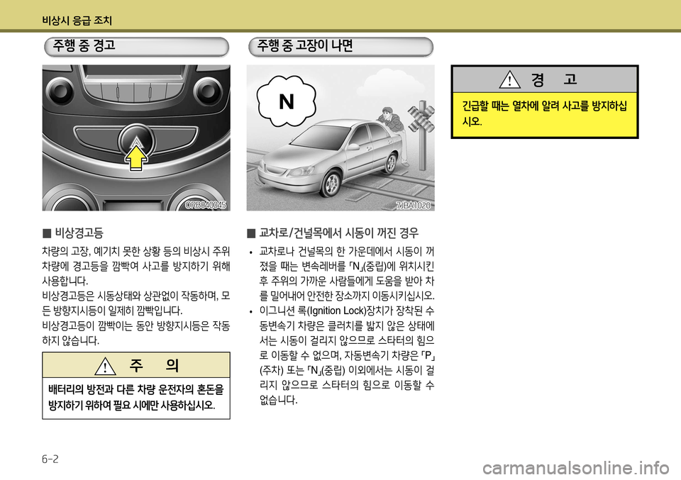Hyundai Accent 2013  엑센트 RB - 사용 설명서 (in Korean) 비상시 응급 조치 6-2
 
̰ 비상경고등
차량의
 고장 , 예기치  못한  상황  등의  비상시  주위  
차량에  경고등을  깜빡여  사고를  방지하기  위해  
사용
