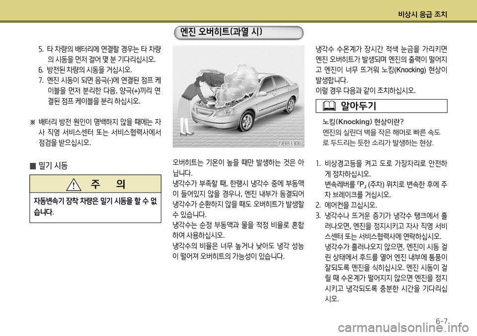 Hyundai Accent 2013  엑센트 RB - 사용 설명서 (in Korean) 비상시 응급 조치6-7
오버히트는 기온이  높을  때만  발생하는  것은  아
닙니다 .   
냉각수가  부족할  때 , 한랭시  냉각수  중에  부동액
이  들어있지 