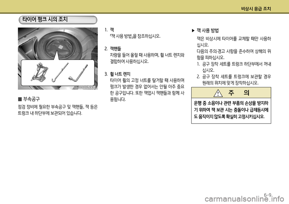 Hyundai Accent 2013  엑센트 RB - 사용 설명서 (in Korean) 비상시 응급 조치6-9
1.  잭
  「잭
 사용  방법
」을
 참조하십시오 .
2 .  잭핸들  
  차량을  들어  올릴  때  사용하며 , 휠  너트  렌치와  
결합하여  사용