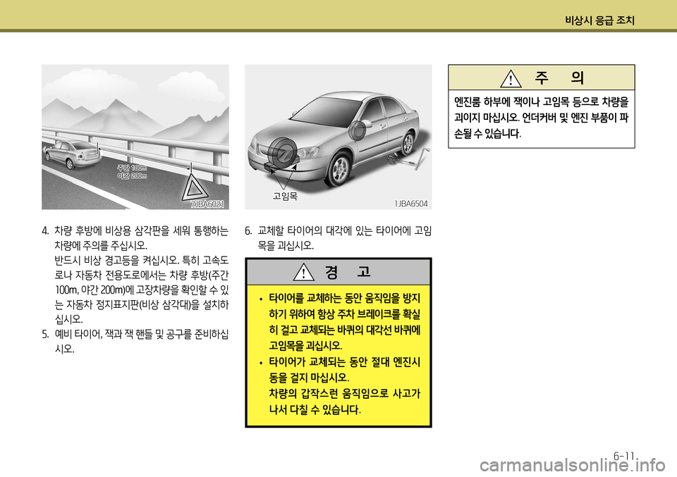 Hyundai Accent 2013  엑센트 RB - 사용 설명서 (in Korean) 비상시 응급 조치6-11
4.  차량  후방에  비상용  삼각판을  세워  통행하는  
차량에  주의를  주십시오 .
  반드시  비상  경고등을  켜십시오 . 특히  고속