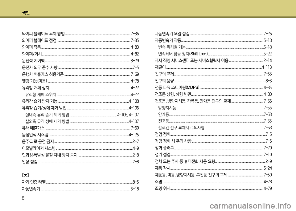 Hyundai Accent 2013  엑센트 RB - 사용 설명서 (in Korean) 색인 8
와이퍼 블레이드 교체 방법 .................................................................................... 7-3작 
와이퍼 블레이드 4