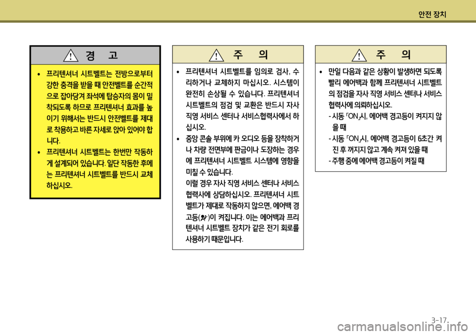 Hyundai Accent 2013  엑센트 RB - 사용 설명서 (in Korean) 안전 장치3-17
 
•  
프리텐셔너  시트벨트는  전방으로부터  
강한  충격을  받을  때  안전벨트를  순간적
으로  잡아당겨  좌석에  탑승자의  몸이  밀
