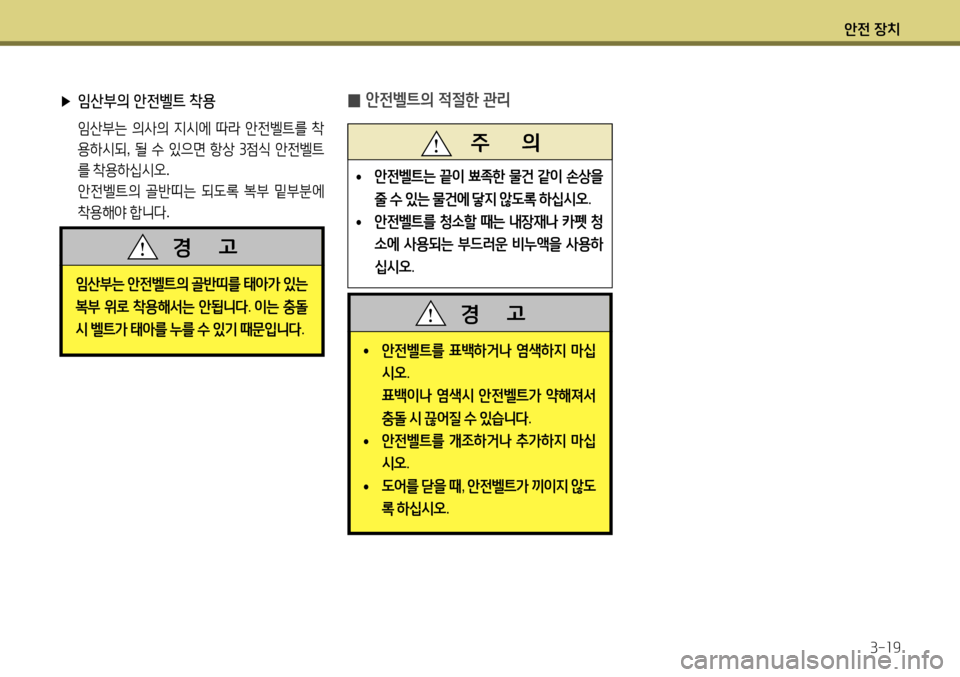 Hyundai Accent 2013  엑센트 RB - 사용 설명서 (in Korean) 안전 장치3-19
 
▶ 임산부의 안전벨트 착용
 임산부는  의사의  지시에  따라  안전벨트를  착
용하시되 , 될  수  있으면  항상  3 점식  안전벨트
를  착