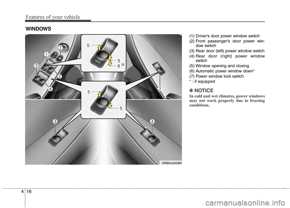 Hyundai Accent 2012  Owners Manual Features of your vehicle
16
4
(1) Driver’s door power window switch
(2) Front passenger’s door power win-
dow switch
(3) Rear door (left) power window switch
(4)  Rear door (right) power window
sw
