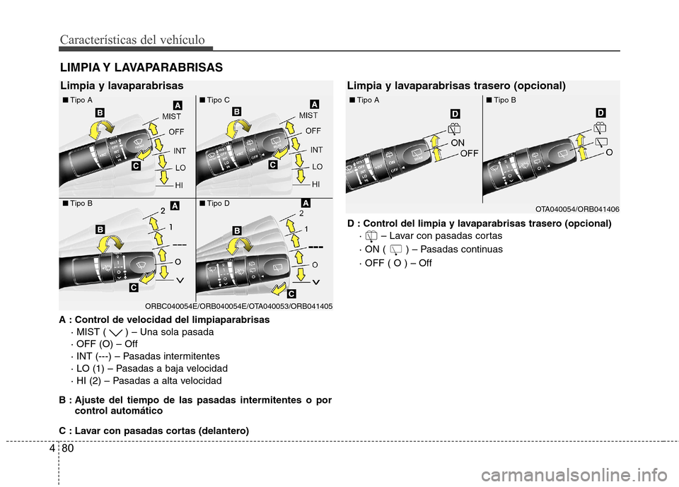 Hyundai Accent 2012  Manual del propietario (in Spanish) Características del vehículo
80
4
LIMPIA Y  LAVAPARABRISAS
A : Control de velocidad del limpiaparabrisas · MIST ( ) – Una sola pasada · OFF (O) – Off
· INT (---) – Pasadas intermitentes 
·