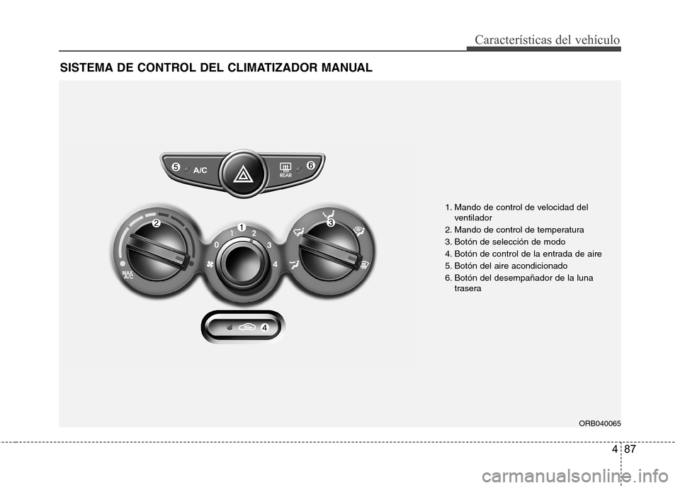 Hyundai Accent 2012  Manual del propietario (in Spanish) 487
Características del vehículo
SISTEMA DE CONTROL DEL CLIMATIZADOR MANUAL
1. Mando de control de velocidad delventilador
2. Mando de control de temperatura 
3. Botón de selección de modo
4. Bot