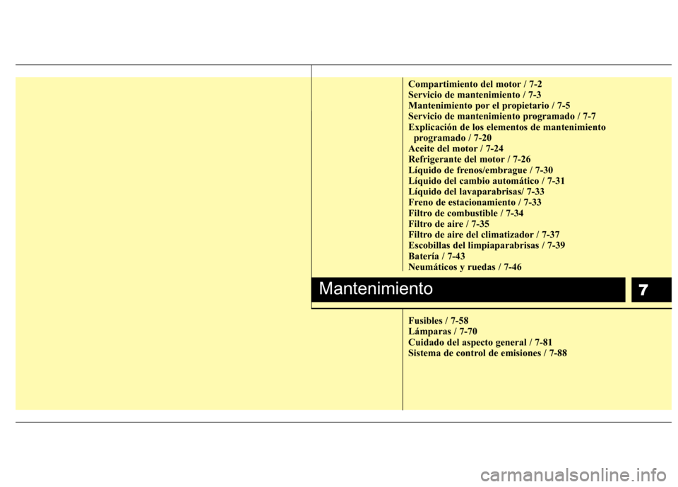 Hyundai Accent 2012  Manual del propietario (in Spanish) 7
Compartimiento del motor / 7-2 Servicio de mantenimiento / 7-3
Mantenimiento por el propietario / 7-5
Servicio de mantenimiento programado / 7-7Explicación de los elementos de mantenimiento program