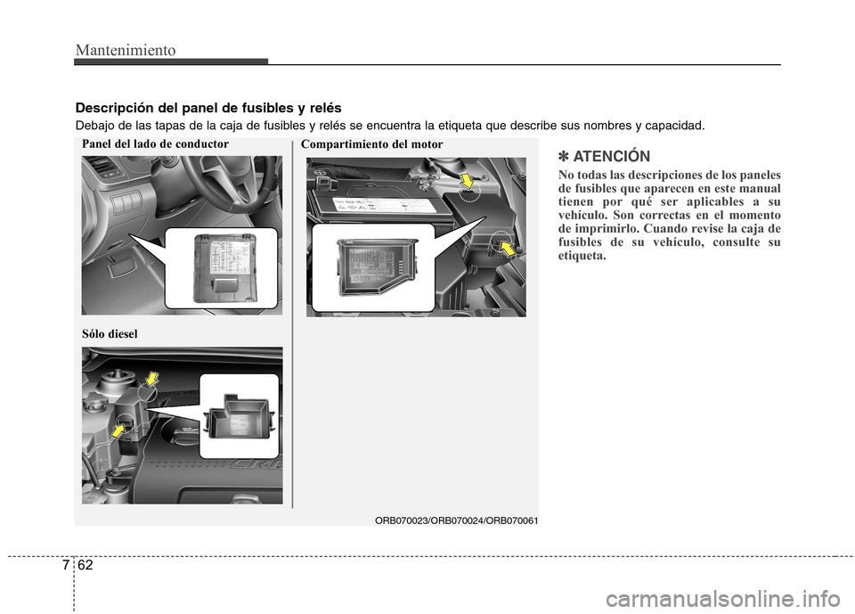 Hyundai Accent 2012  Manual del propietario (in Spanish) Mantenimiento
62
7
✽✽   
ATENCIÓN
No todas las descripciones de los paneles 
de fusibles que aparecen en este manual
tienen por qué ser aplicables a su
vehículo. Son correctas en el momento
de 