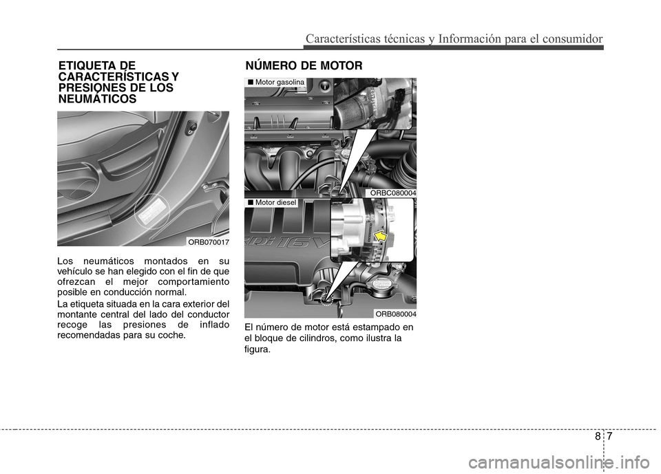 Hyundai Accent 2012  Manual del propietario (in Spanish) 87
Características técnicas y Información para el consumidor
Los neumáticos montados en su 
vehículo se han elegido con el fin de que
ofrezcan el mejor comportamiento
posible en conducción norma