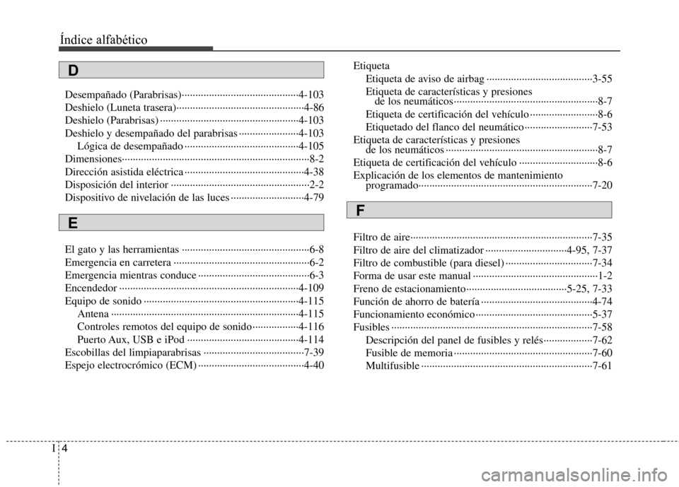 Hyundai Accent 2012  Manual del propietario (in Spanish) Índice alfabético
4
I
Desempañado (Parabrisas)···········································4-103 
Deshielo (Luneta trasera)················