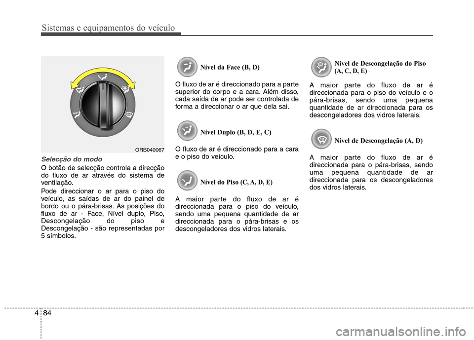 Hyundai Accent 2012  Manual do proprietário (in Portuguese) Sistemas e equipamentos do veículo
84
4
Selecção do modo
O botão de selecção controla a direcção 
do fluxo de ar através do sistema de
ventilação. 
Pode direccionar o ar para o piso do 
ve