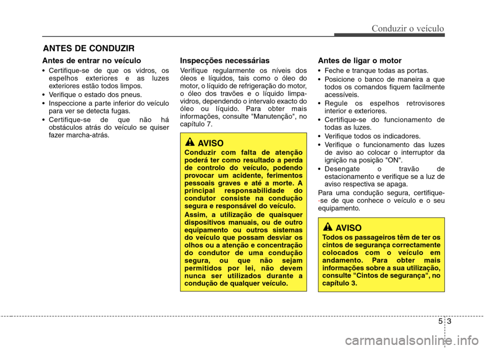 Hyundai Accent 2012  Manual do proprietário (in Portuguese) 53
Conduzir o veículo
Antes de entrar no veículo 
 Certifique-se de que os vidros, osespelhos exteriores e as luzes 
exteriores estão todos limpos.
 Verifique o estado dos pneus. 
 Inspeccione a pa