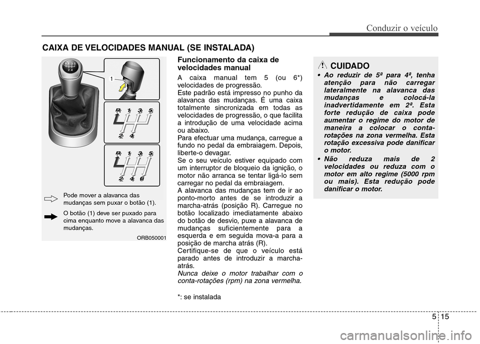 Hyundai Accent 2012  Manual do proprietário (in Portuguese) 515
Conduzir o veículo
Funcionamento da caixa de 
velocidades manual 
A caixa manual tem 5 (ou 6*) 
velocidades de progressão.Este padrão está impresso no punho da
alavanca das mudanças. É uma c