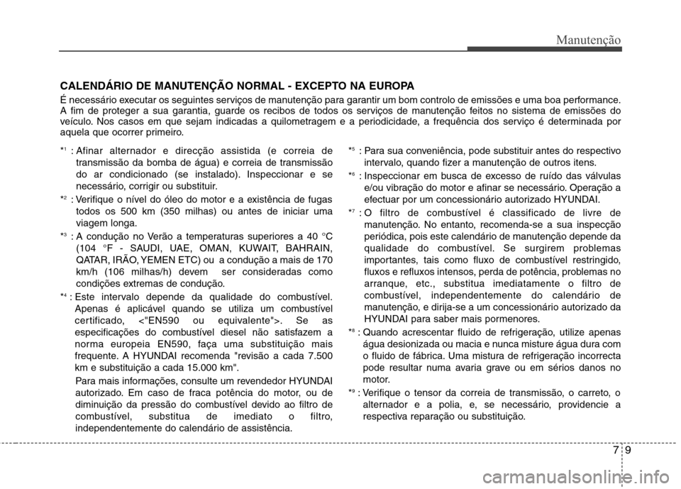 Hyundai Accent 2012  Manual do proprietário (in Portuguese) 79
Manutenção
CALENDÁRIO DE MANUTENÇÃO NORMAL - EXCEPTO NA EUROPA 
É necessário executar os seguintes serviços de manutenção para garantir um bom controlo de emissões e uma boa performance.