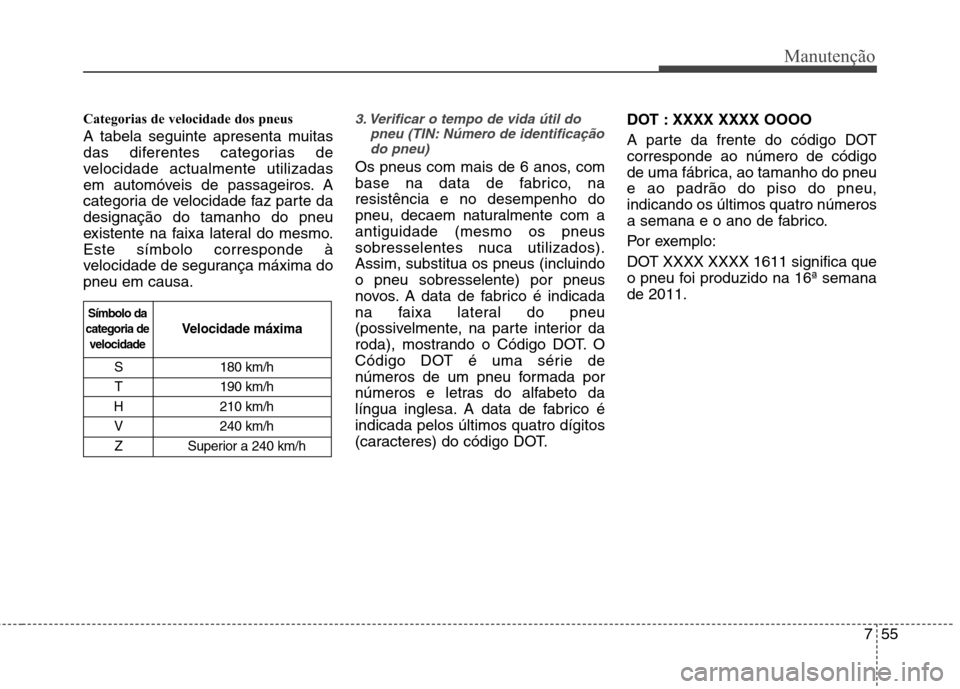 Hyundai Accent 2012  Manual do proprietário (in Portuguese) 755
Manutenção
Categorias de velocidade dos pneus  
A tabela seguinte apresenta muitas 
das diferentes categorias de
velocidade actualmente utilizadas
em automóveis de passageiros. A
categoria de v