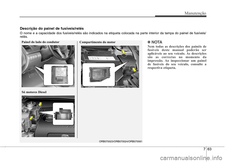 Hyundai Accent 2012  Manual do proprietário (in Portuguese) 763
Manutenção
✽✽NOTA
Nem todas as descrições dos painéis de 
fusíveis deste manual poderão ser
aplicáveis ao seu veículo. As descrições
são as correctas no momento da
impressão. Ao i