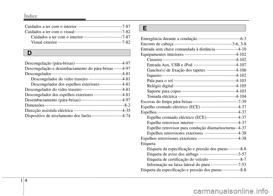Hyundai Accent 2012  Manual do proprietário (in Portuguese) Índice
4
I
Cuidados a ter com o interior ·········································7-87 Cuidados a ter com o visual······················