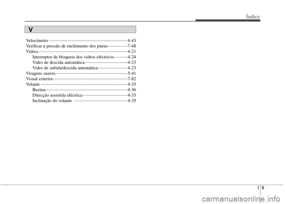 Hyundai Accent 2012  Manual do proprietário (in Portuguese) I9
Índice
Velocímetro ····································································4-43 
Verificar a pressão de enchimento