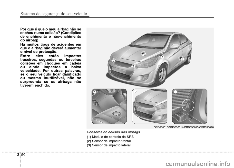 Hyundai Accent 2012  Manual do proprietário (in Portuguese) Sistema de segurança do seu veículo
50
3
Por que é que o meu airbag não se 
encheu numa colisão? (Condições
de enchimento e não-enchimento
do airbag) 
Há muitos tipos de acidentes em 
que o a