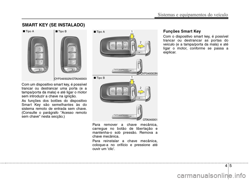 Hyundai Accent 2012  Manual do proprietário (in Portuguese) 45
Sistemas e equipamentos do veículo
Com um dispositivo smart key, é possível 
trancar ou destrancar uma porta (e a
tampa/porta da mala) e até ligar o motor
sem introduzir a chave na ignição. 
