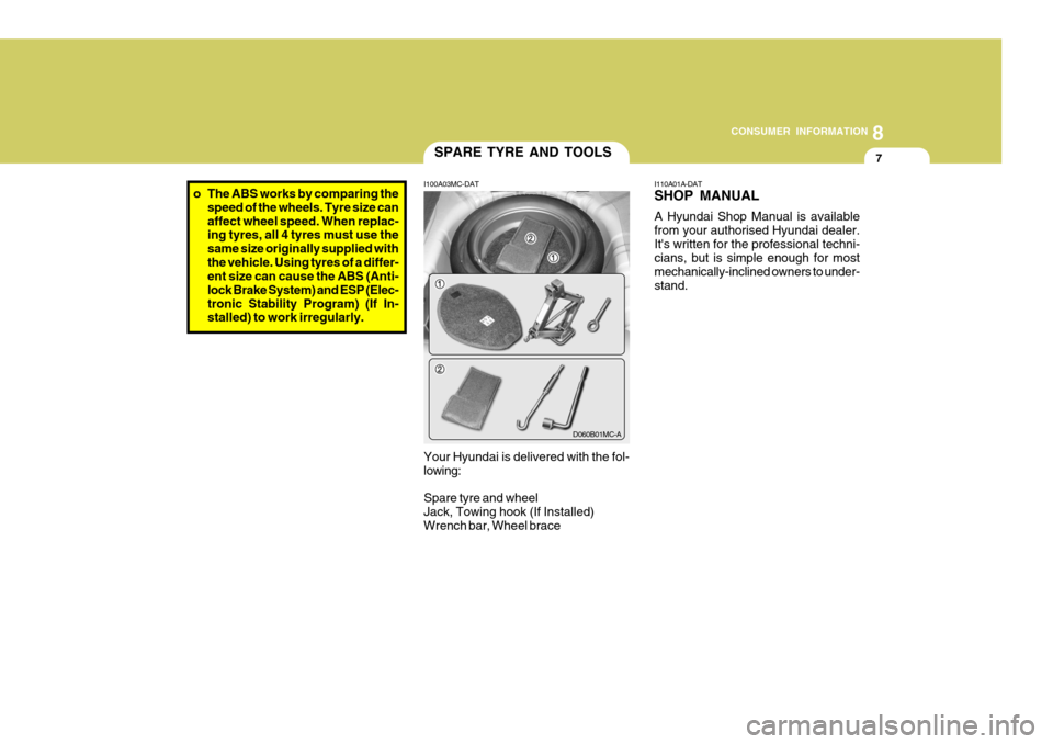 Hyundai Accent 2011  Owners Manual - RHD (UK. Australia) 8
CONSUMER INFORMATION
7SPARE TYRE AND TOOLS
I100A03MC-DAT Your Hyundai is delivered with the fol- lowing: Spare tyre and wheel Jack, Towing hook (If Installed)Wrench bar, Wheel brace
D060B01MC-A I110