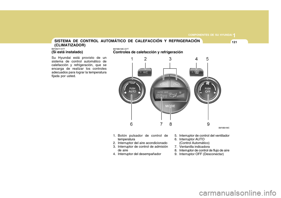 Hyundai Accent 2011  Manual del propietario (in Spanish) COMPONENTES DE SU HYUNDAI
CONDUCIENDO SU HYUNDAI
11211
COMPONENTES DE SU HYUNDAI
B970B01MC
SISTEMA DE CONTROL AUTOMÁTICO DE CALEFACCIÓN Y REFRIGERACIÓN
(CLIMATIZADOR)B970A01Y-AYT(Si está instalado