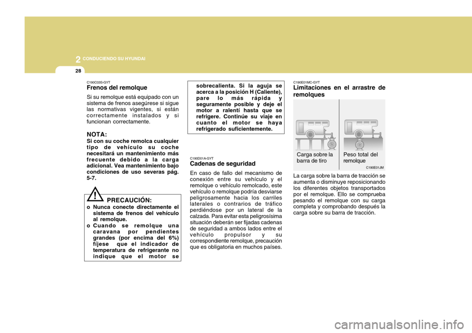 Hyundai Accent 2011 Manual del propietario (in Spanish) 2
CONDUCIENDO SU HYUNDAI
28
C190E01JM
Peso total del
remolque Carga sobre la
barra de tiro
C190D01A-GYTCadenas de seguridadEn caso de fallo del mecanismo de
conexión entre su vehículo y el
remolque Hyundai Accent 2011 Manual del propietario (in Spanish) 2
CONDUCIENDO SU HYUNDAI
28
C190E01JM
Peso total del
remolque Carga sobre la
barra de tiro
C190D01A-GYTCadenas de seguridadEn caso de fallo del mecanismo de
conexión entre su vehículo y el
remolque