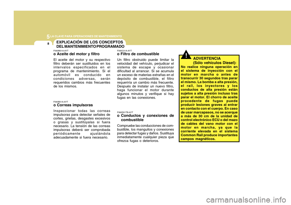 Hyundai Accent 2011 Manual del propietario (in Spanish) 5
LA CLAVE PARA OPERACIONES DE MANTENIMIENTO8
!
EXPLICACIÓN DE LOS CONCEPTOS
DEL MANTENIMIENTO PROGRAMADO
F060D01TB-AYTo Conductos y conexiones de
combustibleCompruebe las conducciones de com-
bustib Hyundai Accent 2011 Manual del propietario (in Spanish) 5
LA CLAVE PARA OPERACIONES DE MANTENIMIENTO8
!
EXPLICACIÓN DE LOS CONCEPTOS
DEL MANTENIMIENTO PROGRAMADO
F060D01TB-AYTo Conductos y conexiones de
combustibleCompruebe las conducciones de com-
bustib