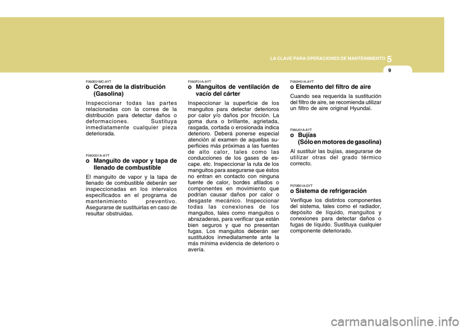 Hyundai Accent 2011 Manual del propietario (in Spanish) 5
LA CLAVE PARA OPERACIONES DE MANTENIMIENTO
9
F060E01MC-AYTo Correa de la distribución
(Gasolina)Inspeccionar todas las partes
relacionadas con la correa de la
distribución para detectar daños o
d Hyundai Accent 2011 Manual del propietario (in Spanish) 5
LA CLAVE PARA OPERACIONES DE MANTENIMIENTO
9
F060E01MC-AYTo Correa de la distribución
(Gasolina)Inspeccionar todas las partes
relacionadas con la correa de la
distribución para detectar daños o
d