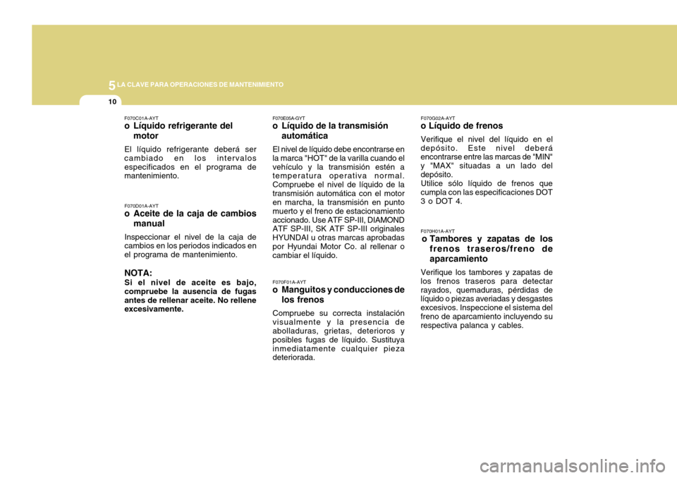 Hyundai Accent 2011 Manual del propietario (in Spanish) 5
LA CLAVE PARA OPERACIONES DE MANTENIMIENTO
10
F070G02A-AYTo Líquido de frenosVerifique el nivel del líquido en el
depósito. Este nivel deberá
encontrarse entre las marcas de "MIN"
y "MAX" situad Hyundai Accent 2011 Manual del propietario (in Spanish) 5
LA CLAVE PARA OPERACIONES DE MANTENIMIENTO
10
F070G02A-AYTo Líquido de frenosVerifique el nivel del líquido en el
depósito. Este nivel deberá
encontrarse entre las marcas de "MIN"
y "MAX" situad