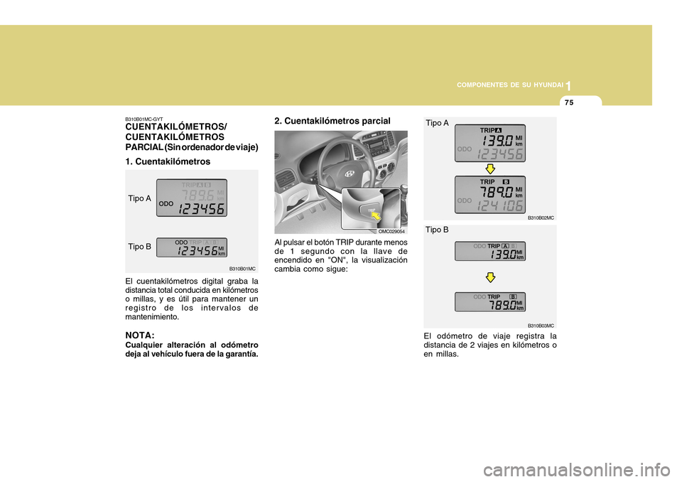 Hyundai Accent 2011  Manual del propietario (in Spanish) COMPONENTES DE SU HYUNDAI
CONDUCIENDO SU HYUNDAI
1751
COMPONENTES DE SU HYUNDAI
B310B01MC B310B01MC-GYT
CUENTAKILÓMETROS/
CUENTAKILÓMETROS
PARCIAL (Sin ordenador de viaje)
1. CuentakilómetrosEl cue