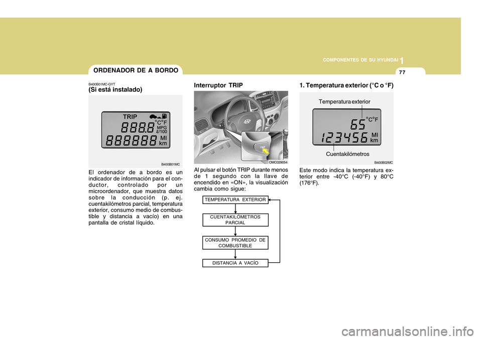 Hyundai Accent 2011  Manual del propietario (in Spanish) COMPONENTES DE SU HYUNDAI
CONDUCIENDO SU HYUNDAI
1771
COMPONENTES DE SU HYUNDAI
Al pulsar el botón TRIP durante menos
de 1 segundo con la llave de
encendido en «ON», la visualización
cambia como s