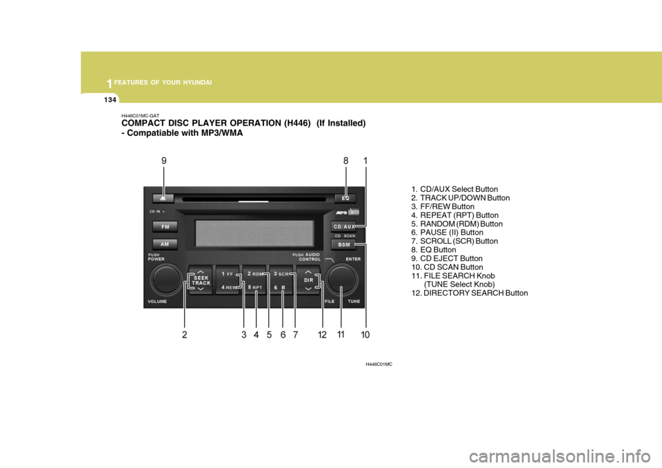 Hyundai Accent 2010  Owners Manual 1FEATURES OF YOUR HYUNDAI
134
H446C01MC-GAT COMPACT DISC PLAYER OPERATION (H446)  (If Installed) - Compatiable with MP3/WMA
1. CD/AUX Select Button 
2. TRACK UP/DOWN Button 
3. FF/REW Button 
4. REPEA